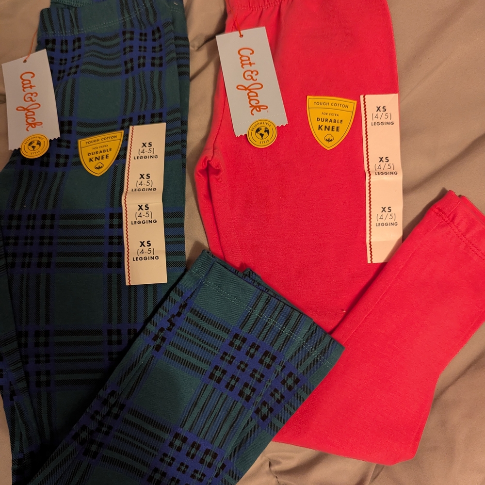 NWT Cat & Jack Set Of 2 Plaid and Solid Leggings Set - Green and Hot Pink
